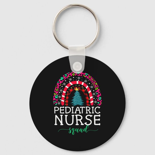 Boho Christmas Leopard Rainbow Pediatric Nurse Squ Key Ring (Front)