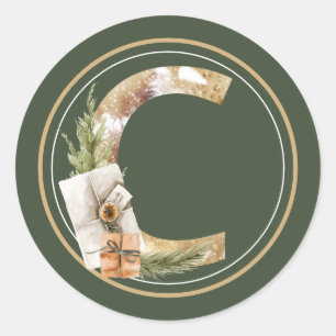 Boho Christmas Monogram C with Packages Classic Round Sticker