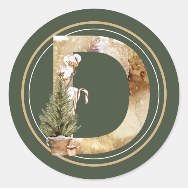Boho Christmas Monogram D with Tree & Candy Cane Classic Round Sticker (Front)