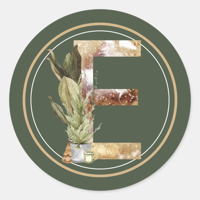 Boho Christmas Monogram E  with Tree Classic Round Sticker (Front)