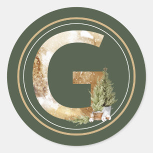 Boho Christmas Monogram G with Pine Trees  Classic Round Sticker