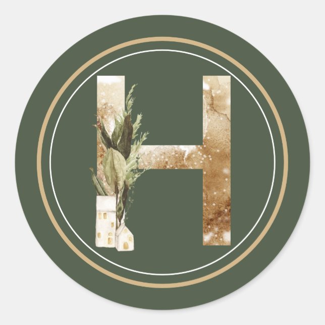 Boho Christmas Monogram H with Greens Classic Round Sticker (Front)