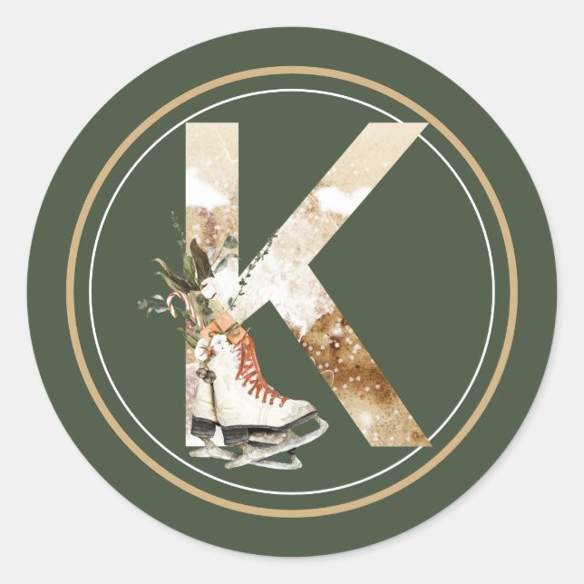 Boho Christmas Monogram K with Ice Skates Classic Round Sticker (Front)