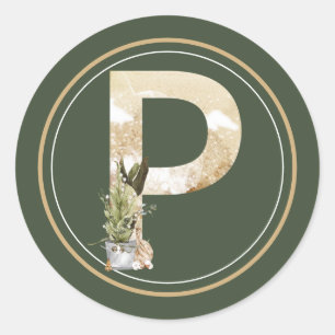 Boho Christmas Monogram P with Greenery Classic Round Sticker