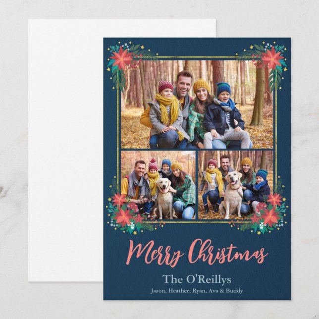 Boho Christmas Photo Card, Floral Gold Frame Holiday Card (Front/Back)