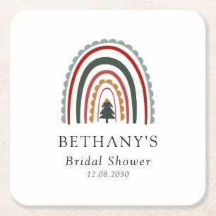 Boho Christmas Rainbow Bridal Shower Square Paper Coaster