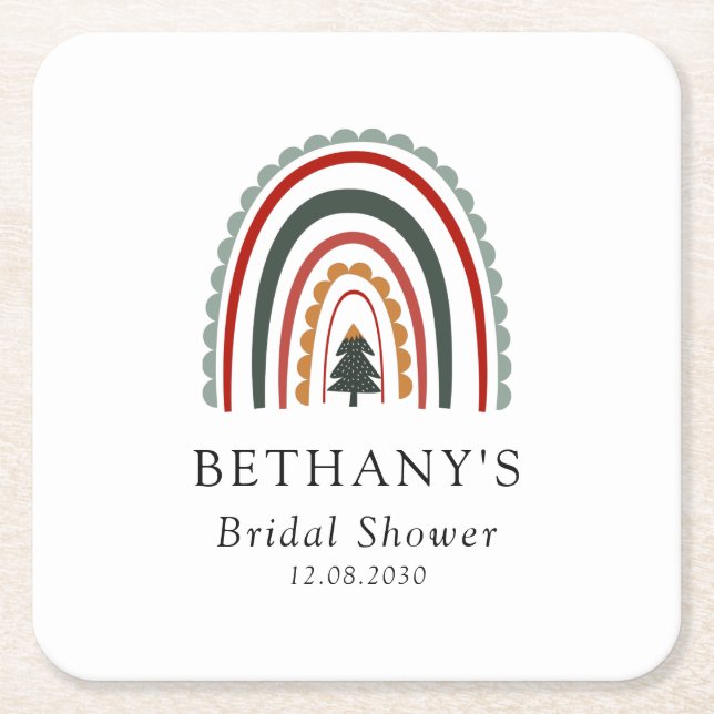 Boho Christmas Rainbow Bridal Shower Square Paper Coaster (Front)
