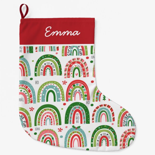 Boho Christmas Rainbow's Name Monogram Large Christmas Stocking (Front)