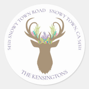 Boho Christmas Reindeer Lavender Teal Address Classic Round Sticker
