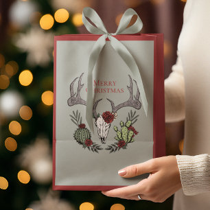 Boho Christmas Skull, Antlers, Roses and Cactus Small Gift Bag