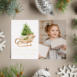 Boho Christmas Sleigh Photo Foil Holiday Card