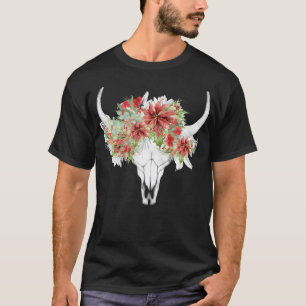 Boho Christmas Steer Longhorn Skull T-Shirt