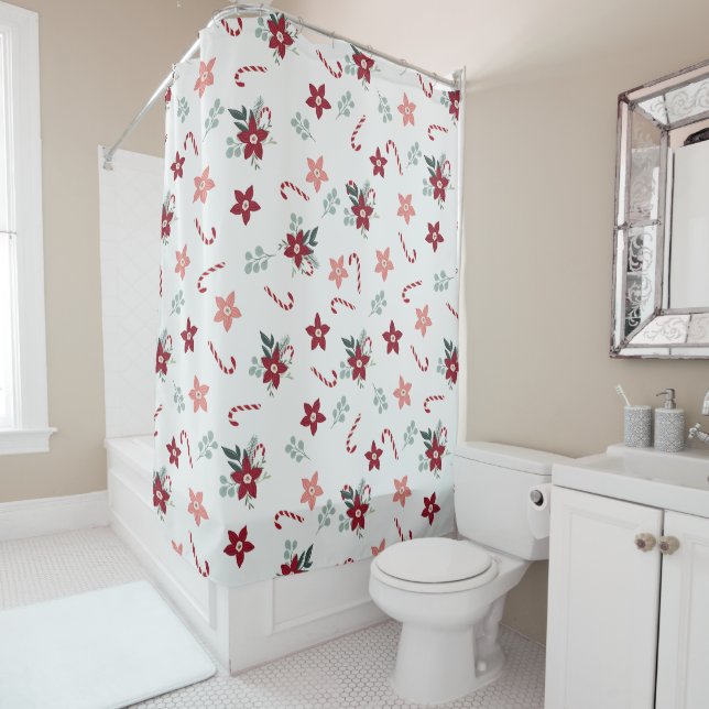 Boho Christmas Style Floral Candy Canes Shower Curtain (In Situ)