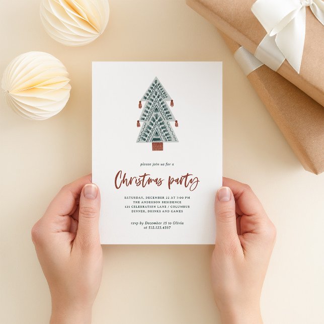Boho Christmas Tree | Christmas Party Invitation (A fun and trendy Christmas party invitation with a boho Christmas tree and casual terracotta script)