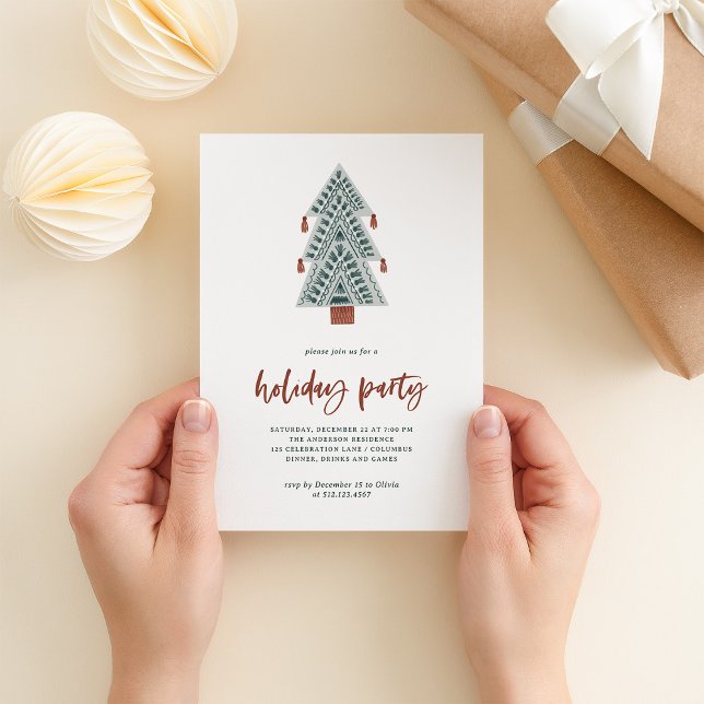 Boho Christmas Tree | Holiday Party Invitation (A fun and trendy holiday party invitation with a boho Christmas tree and casual terracotta script)