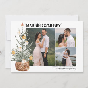 Boho Christmas Tree Newlywed 3 Photo Holiday Card