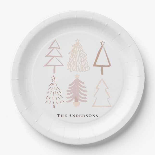 Boho Christmas Trees Dusty Pink Holiday Paper Plate (Front)
