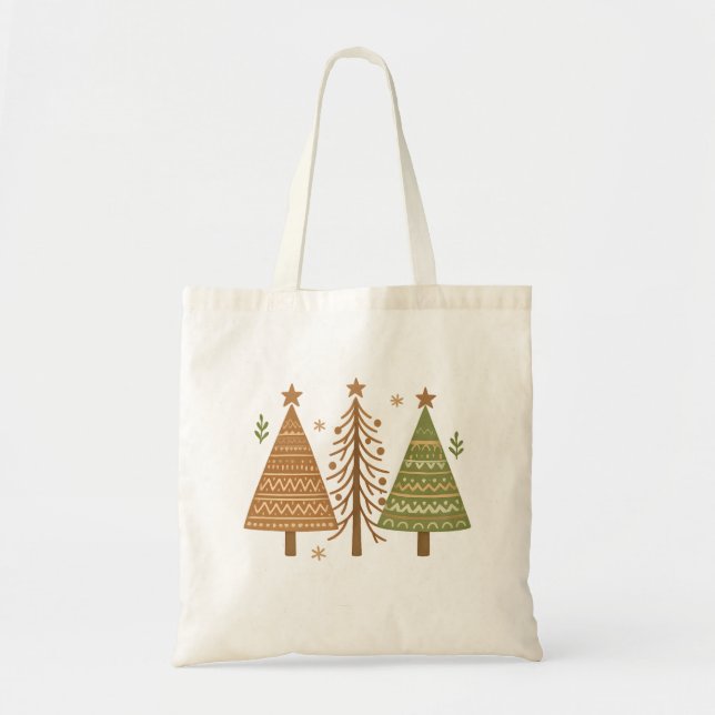 Boho Christmas Trees Neutral Holiday Style Tote Bag (Front)