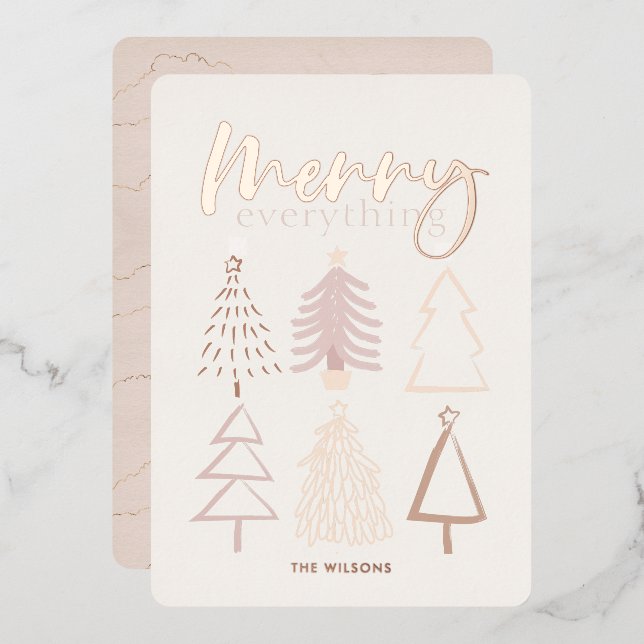 Boho Christmas Trees Rose Gold Foil Holiday Card (Front/Back)