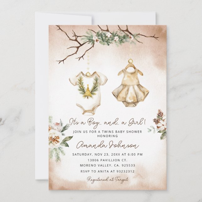 Boho Christmas Twin Baby Clothes Baby shower  Invitation (Front)