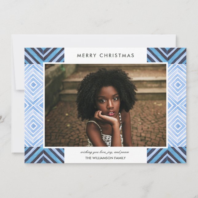 Boho Christmas Watercolor Tiles | Blue | Photo Holiday Card (Front)