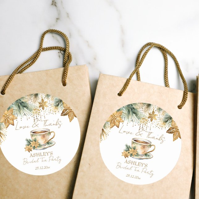 Boho Christmas winter bridal shower tea party favo Classic Round Sticker (Boho Christmas winter bridal shower tea party favor Sticker gold poinsettia tea cup thank you sticke)