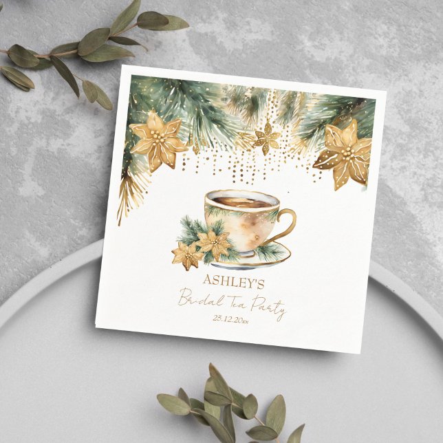 Boho Christmas winter bridal shower tea party Napkin (Boho Christmas winter bridal shower tea party tableware personalized Napkins pines gold poinsettia)