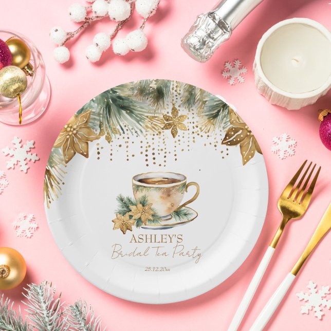 Boho Christmas winter bridal shower tea party Paper Plate (Boho Christmas winter bridal shower tea party tableware personalized Paper Plates gold poinsettia)