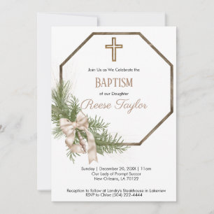 Boho Christmas Wooden Wreath Baptism Invitation