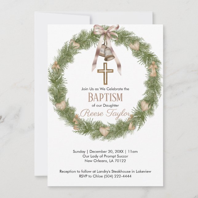 Boho Christmas Wooden Wreath Baptism Invitation (Front)
