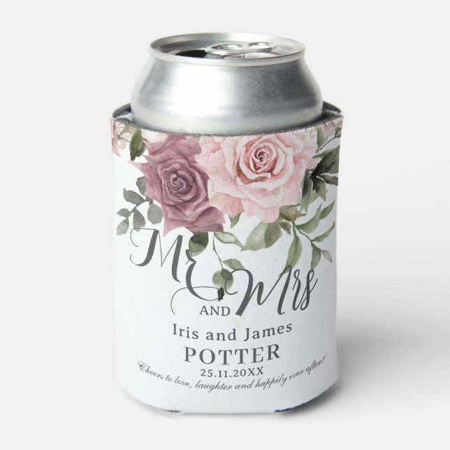 Boho Cinnamon Rose Blush Pink Floral Wedding Can Cooler (Can Front)