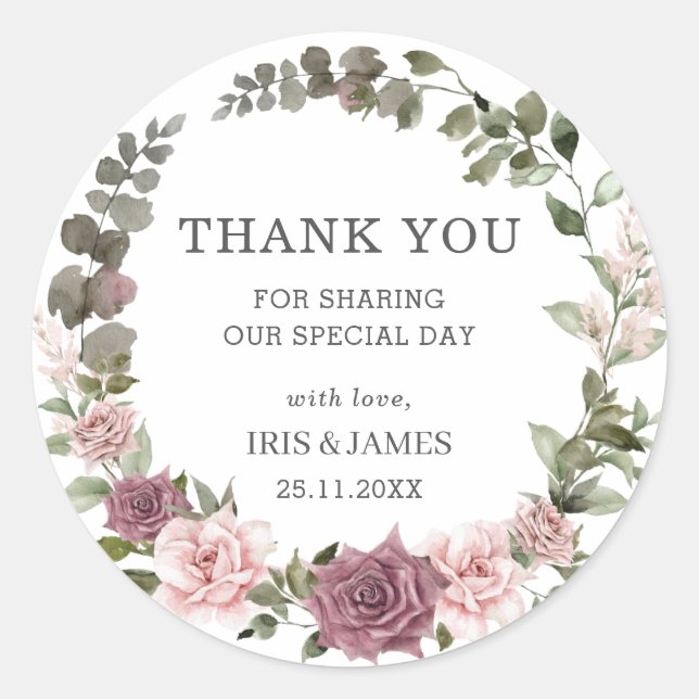 Boho Cinnamon Rose Blush Pink Floral Wedding Favou Classic Round Sticker (Front)