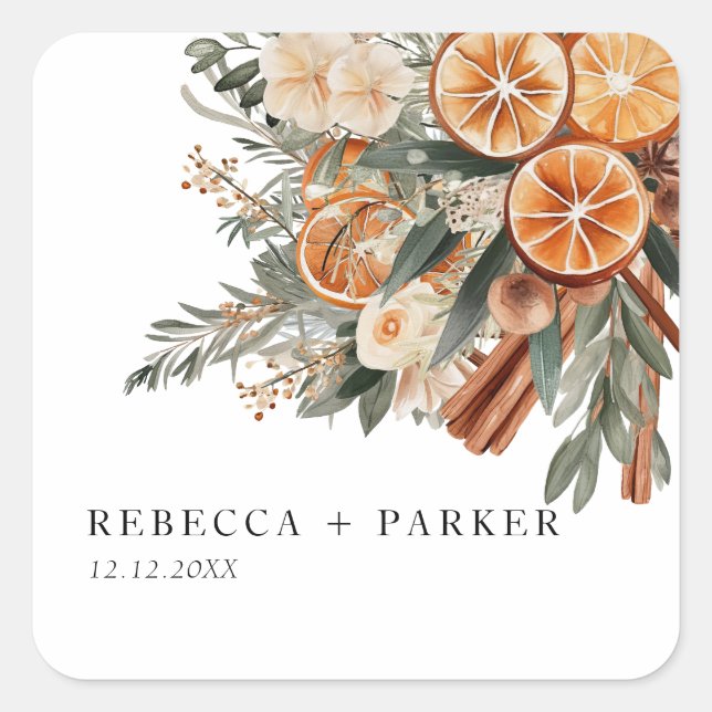Boho cinnamon Winter botanical wedding sticker (Front)