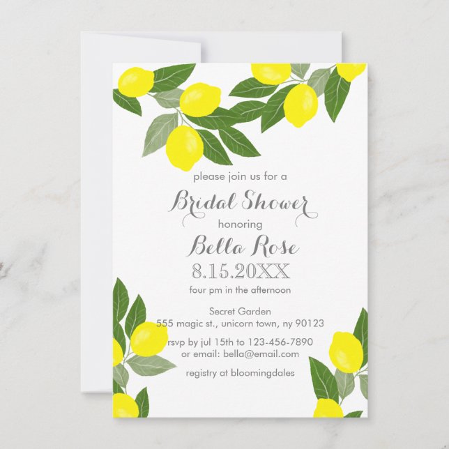 Boho Citrus Lemon Bridal Shower Invitations (Front)