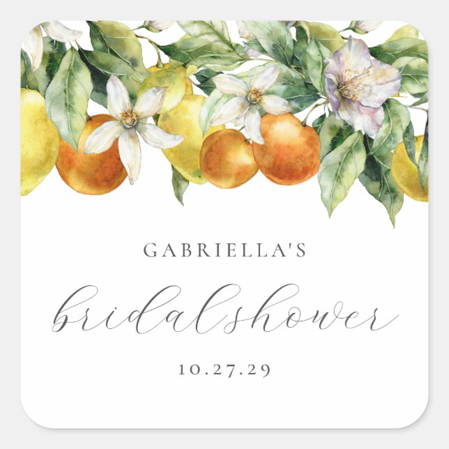 Boho Citrus Lemon Orange Bridal Shower  Square Sticker (Front)