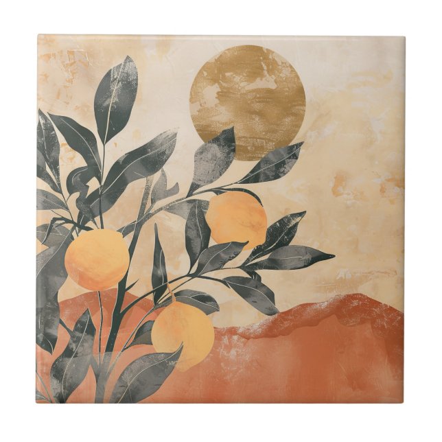 Boho Citrus Tree with Sun and Mountains Tile (Front)
