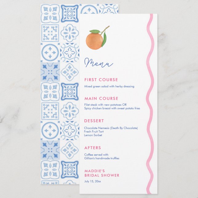 Boho Citrus Wedding Shower Individual Place Names Menu (Front/Back)