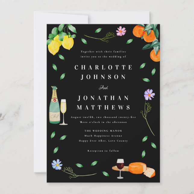 Boho Citrus & Wine Black & White Wedding Invitation (Front)