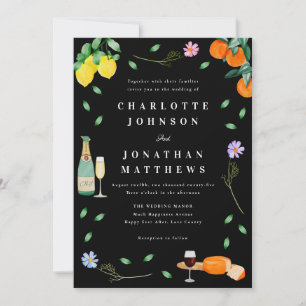 Boho Citrus & Wine Black & White Wedding Invitation