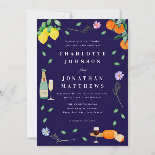 Boho Citrus & Wine Navy Blue Wedding Invitation