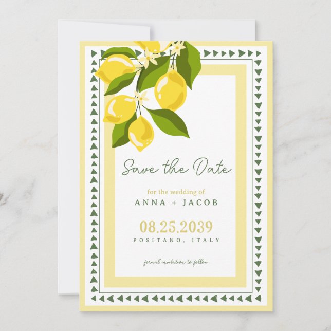 Boho Citrus Yellow Lemon Italian Wedding Save The Date (Front)