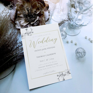 Boho Classic Frame Black White Gold Orchid Wedding Invitation