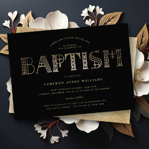 Boho Classy Gold/Black Typography Elegant Baptism Invitation
