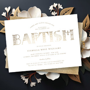 Boho Classy Gold/White Typography Elegant Baptism Invitation