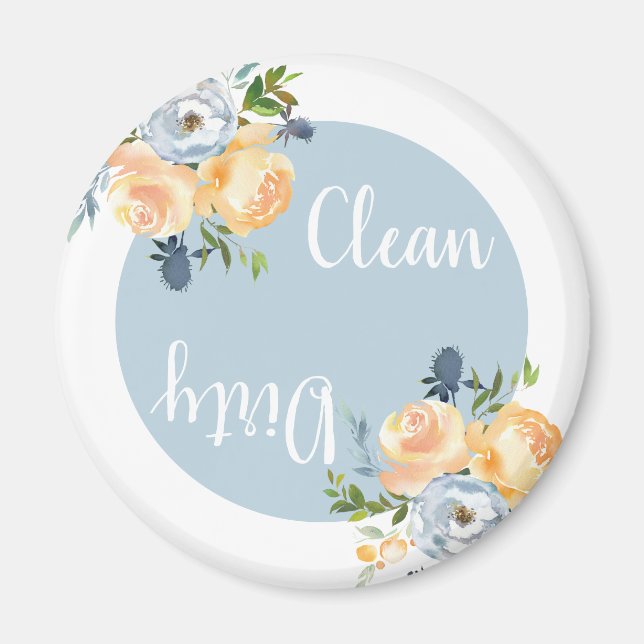 Boho Clean Dirty Floral Blue Dishwasher Magnet (Front)