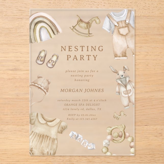 Boho Clothes Nursery Nesting Party Acrylic Invitations (Front)