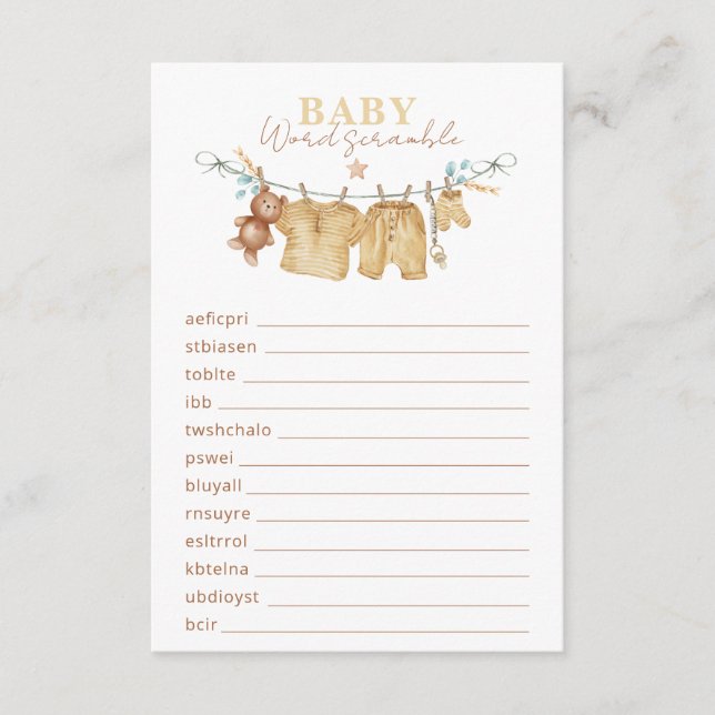 Boho Clothesline Baby Word Scramble Game Enclosure Card (Front)