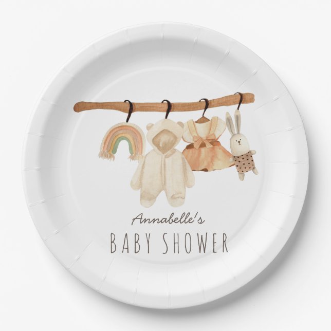 Boho Clothesline Girl Baby Shower Paper Plate (Front)
