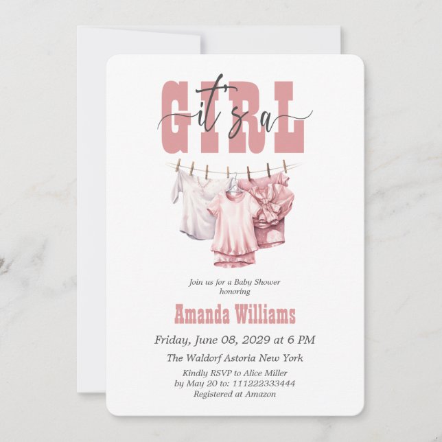 Boho Clothesline Pink Its a Girl Baby Shower Invitation (Front)
