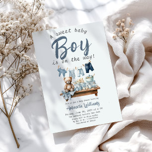 Boho Clothesline Sweet Blue Boy Baby Shower Invitation